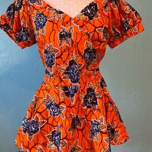 Elegant Orange and Blue Floral Blouse